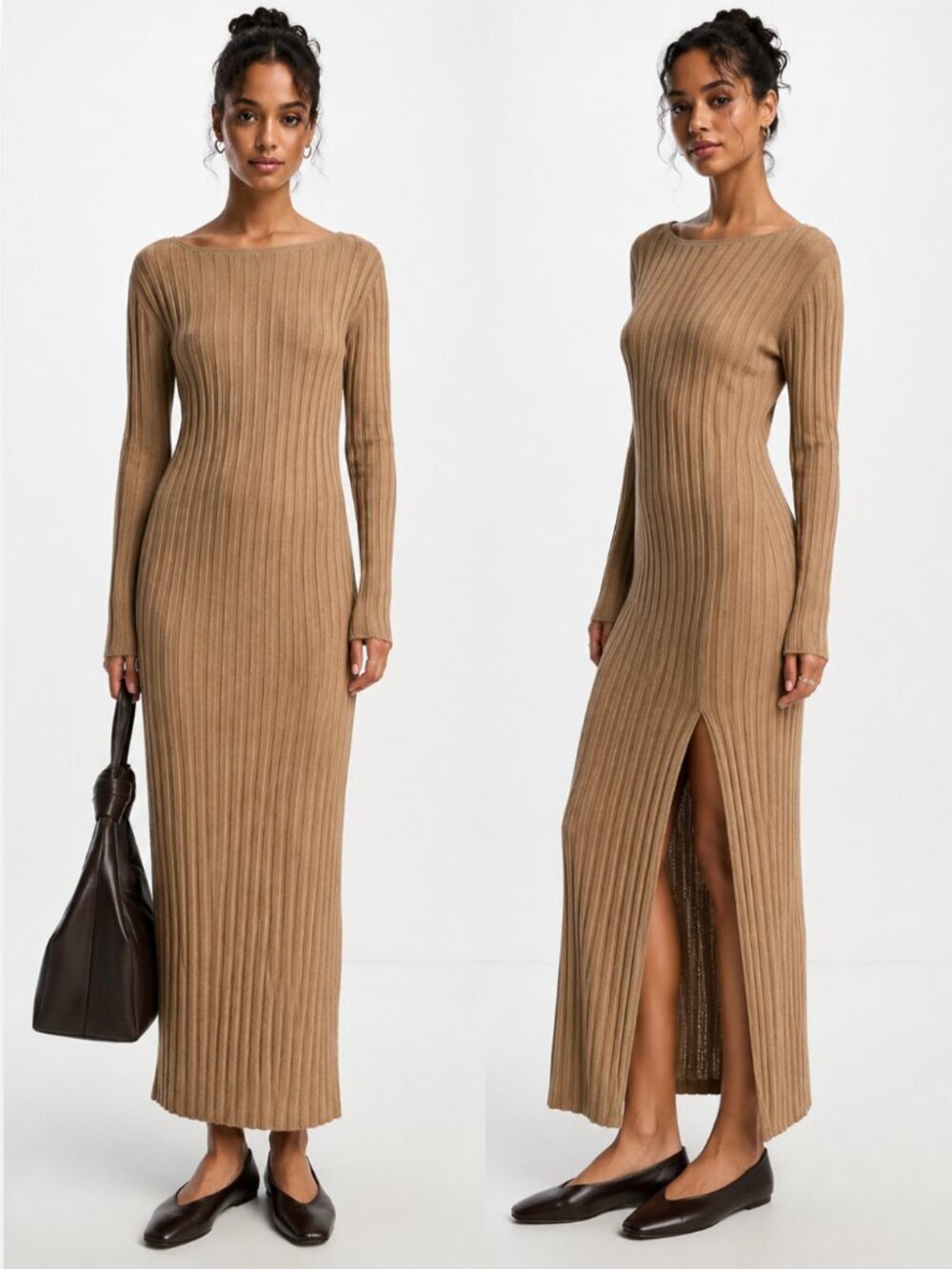 ASOS Neutral Thick Ribbed Slinky Long Sleeve Midi to Maxi Dress Tan US 6 / M